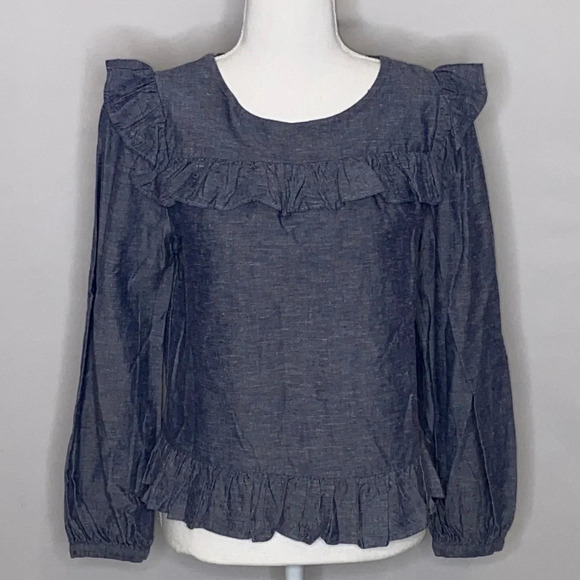 Jill Stuart Linen Blend Chambray Long Sleeve Ruffle Blouse - Size Small - Picture 2 of 7